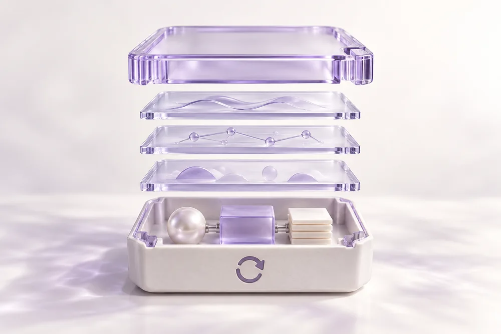 An exploded glass cartridge preserves connected records and aligned layers, illustrating the parts of a replayable scenario.