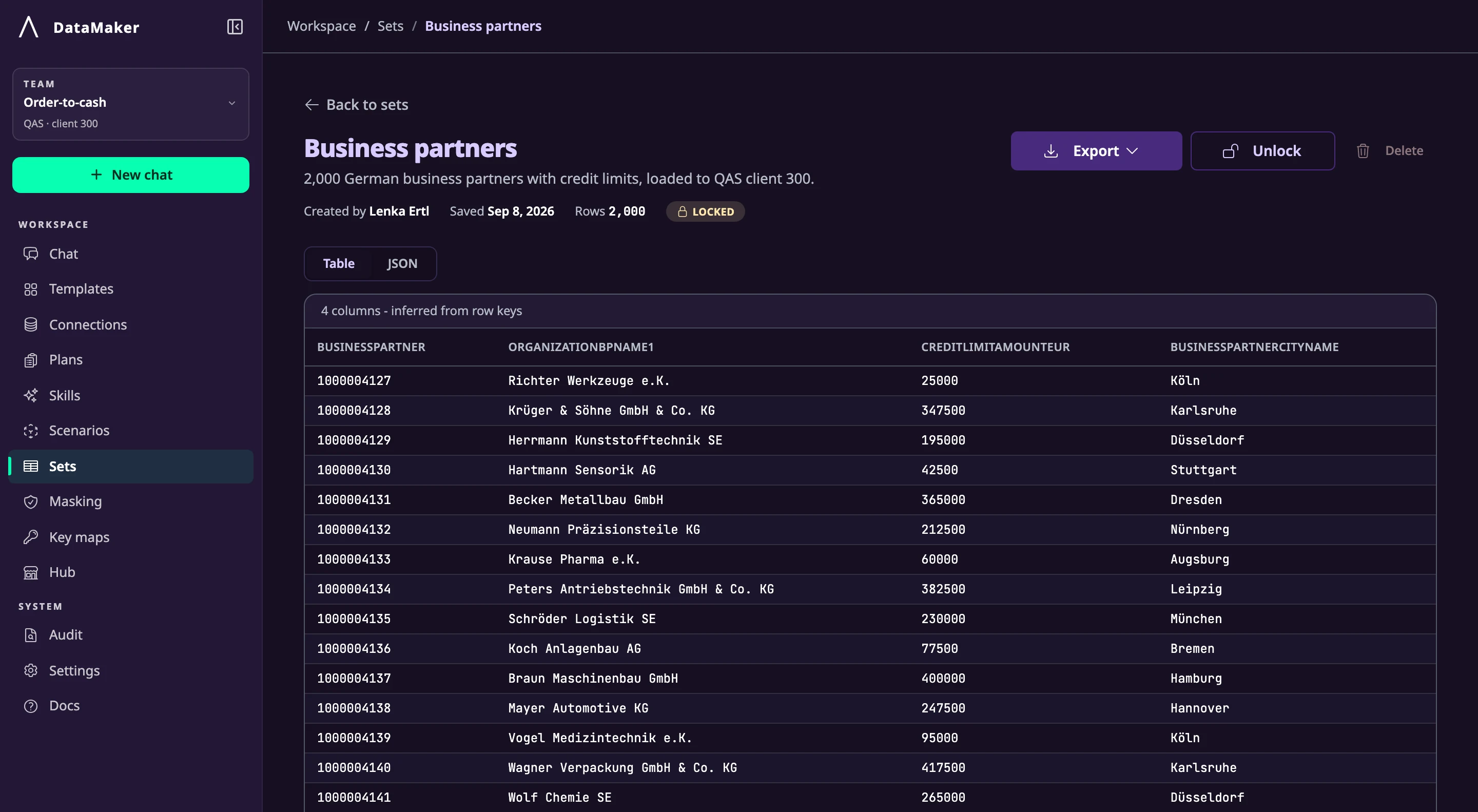 DataMaker Sets screen showing a locked set of 2,000 German business partners with credit limits, loaded to QAS client 300.