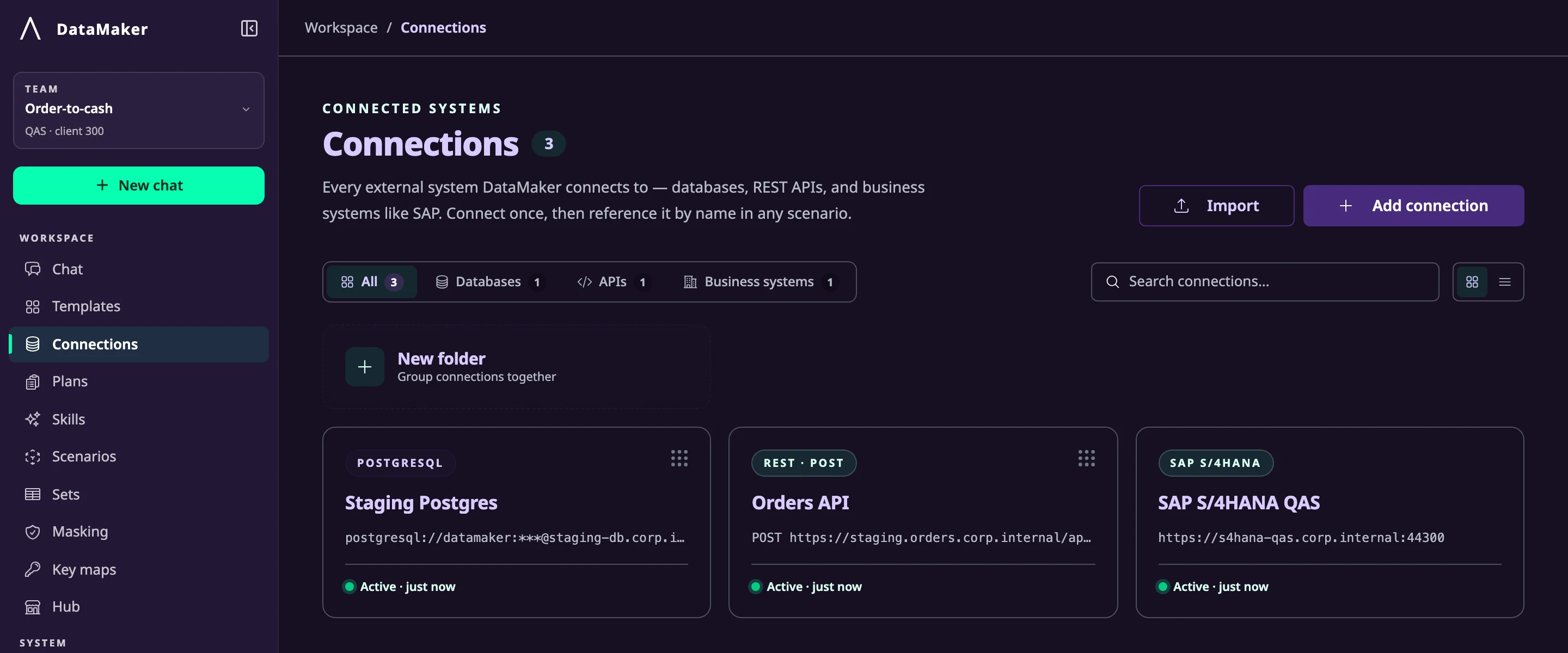 DataMaker connections: an SAP S/4HANA QAS system next to a staging PostgreSQL database and a REST orders API, all active