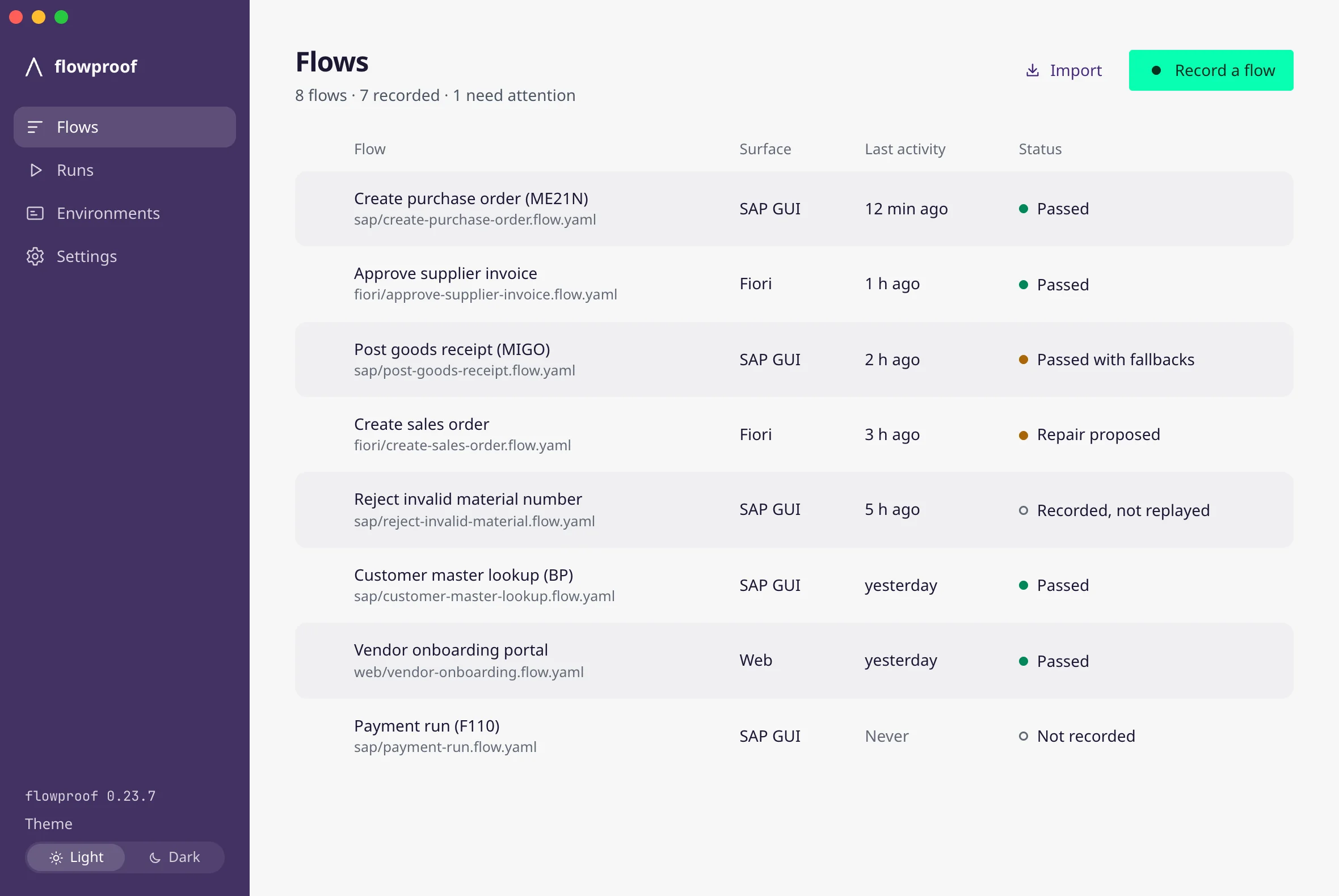 Flowproof desktop Flows screen listing eight SAP GUI, Fiori and web flows with their surface, last activity and replay status: passed, passed with fallbacks, repair proposed, recorded and not recorded.